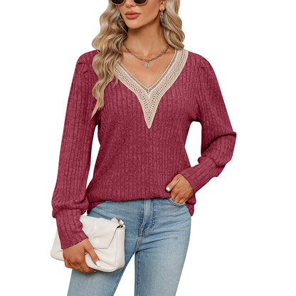V-Neck Lace Trim Loose Fit Corduroy T-Shirt