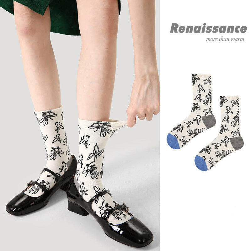 Mid Calf Embossed Stripe Socks Combed Cotton Breathable