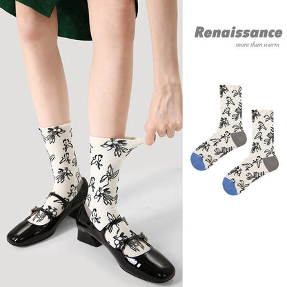 Mid Calf Embossed Stripe Socks Combed Cotton Breathable