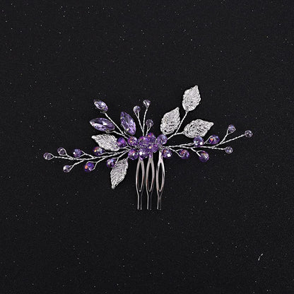 Purple Crystal Silver Alloy Leaf Hair Comb Wedding Headpiece