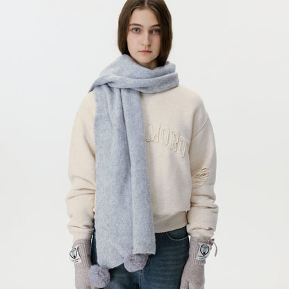 Cozy Solid Color Knitted Scarf with Pom Poms for Women