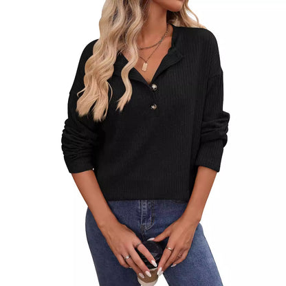 Casual Long Sleeve Button T-Shirt with Ribbed Texture