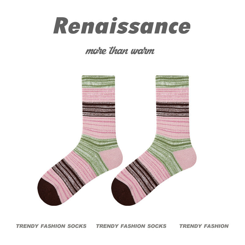 Mid Calf Seamless Wool Blend Striped Socks