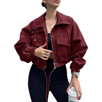Women’s Solid Color Short Jacket with Zipper