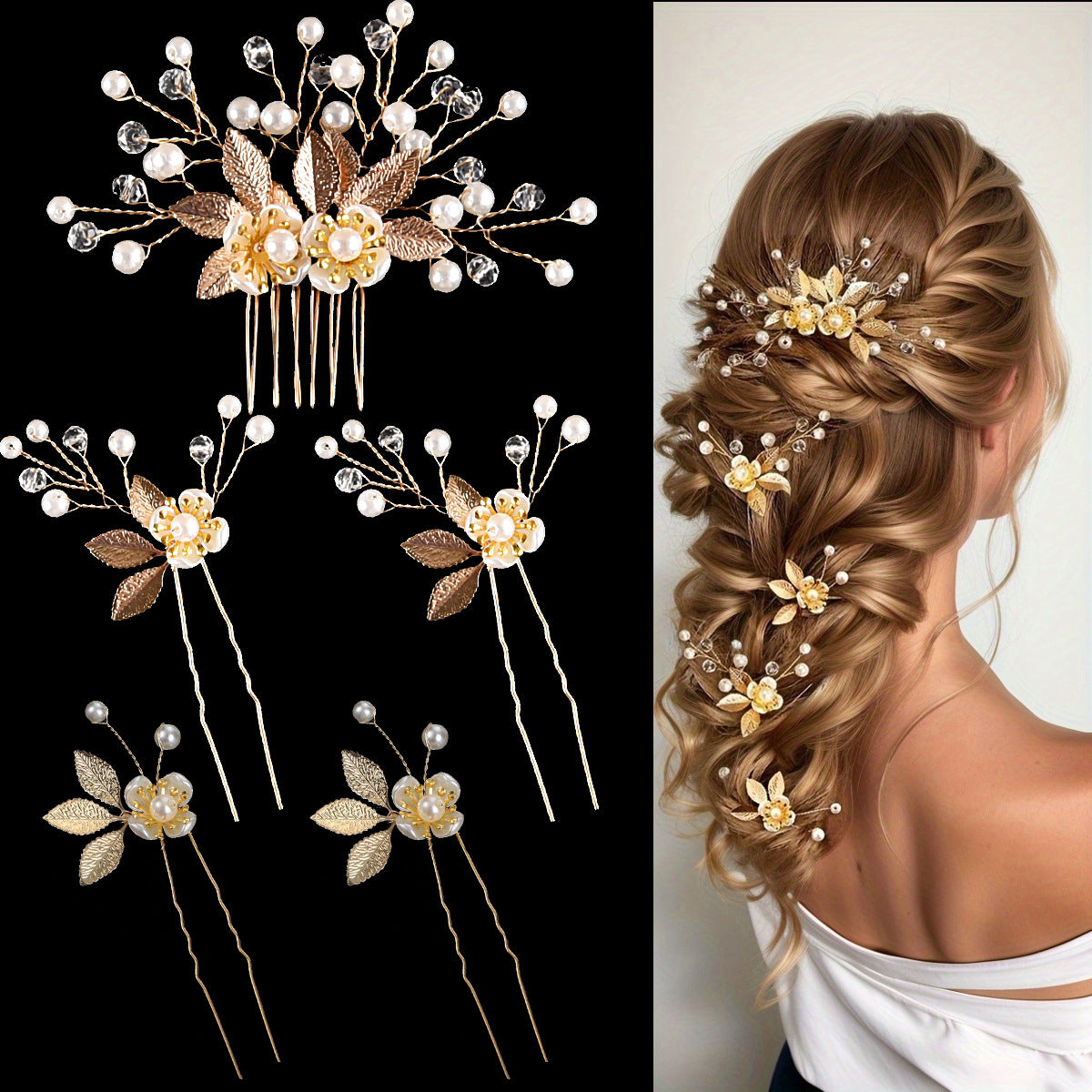 5 Piece Vintage Bridal Hair Clip Set with Pearls and Gold Leaves