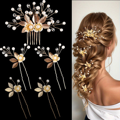 5 Piece Vintage Bridal Hair Clip Set with Pearls and Gold Leaves