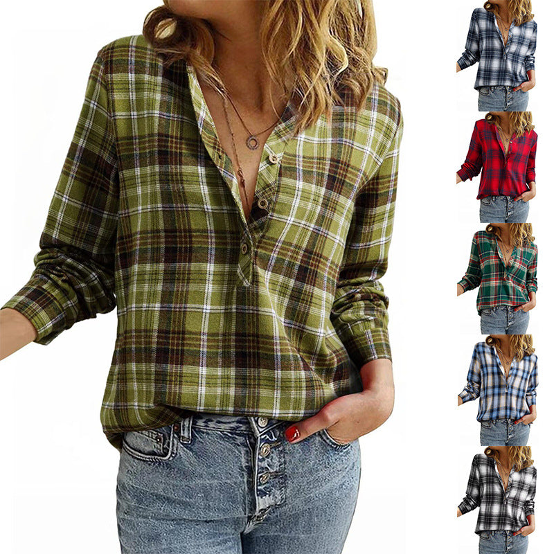 V-Neck Plaid Shirt Trendy Casual Polyester Top