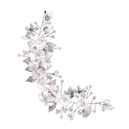 White Soft Clay Flower Headband Silver Alloy Leaves Wedding Hairpiece