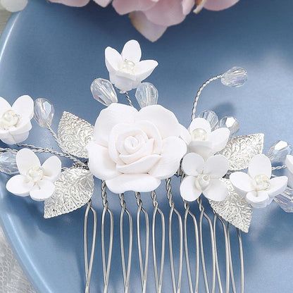 White Polymer Clay Flower Side Comb Bridal Hairpiece