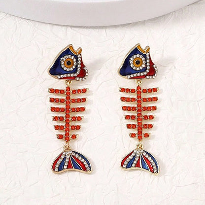 Earrings Fishbone Rhinestone Dangle Retro Chic