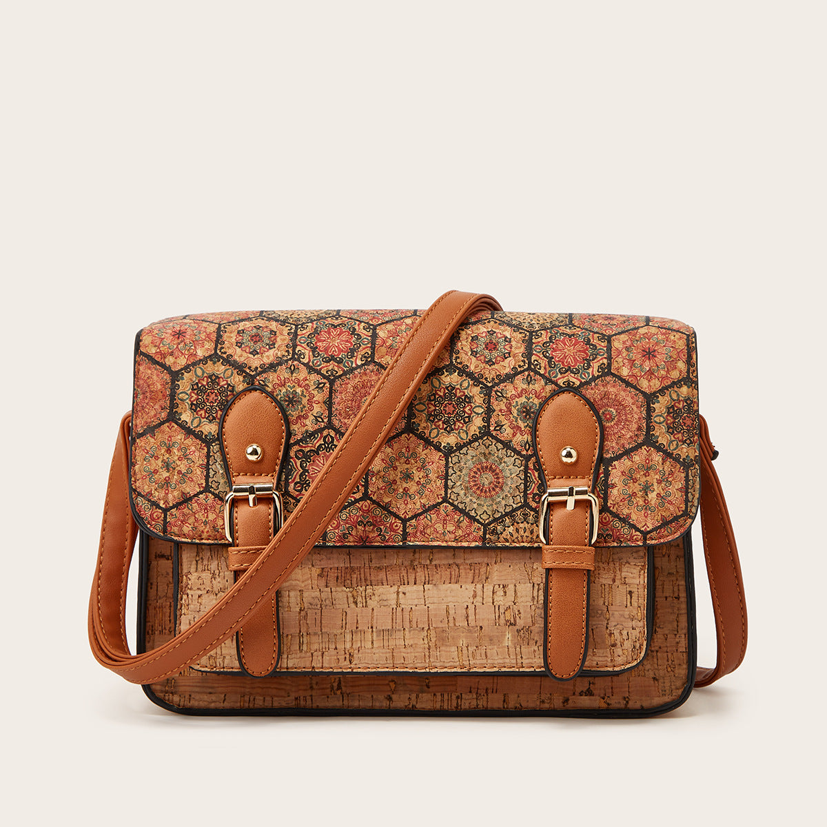 Big Capacity Vintage Floral Cork Messenger Bag