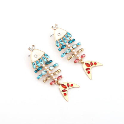 Earrings Fishbone Rhinestone Dangle Retro Chic