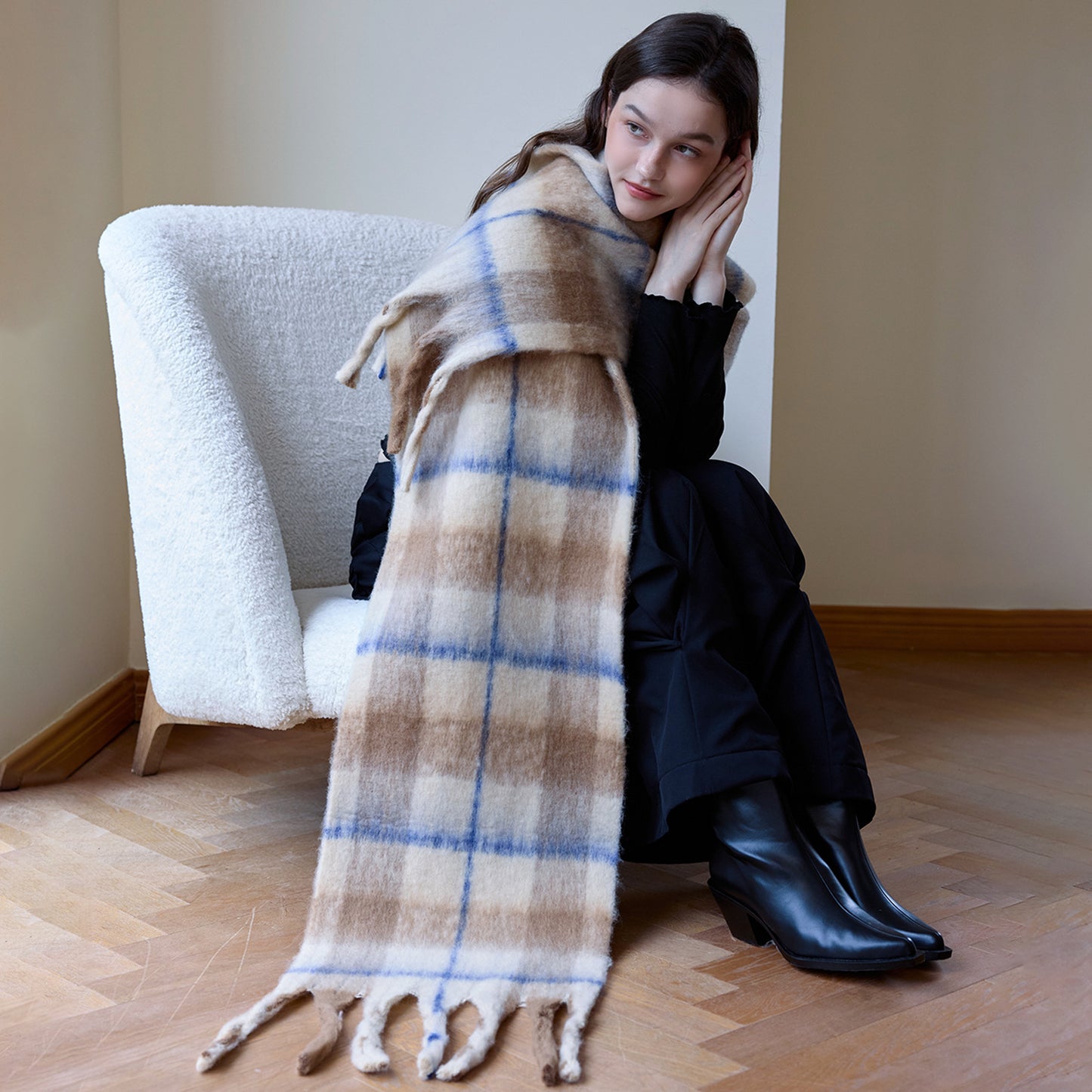 Thick Cozy Plaid Scarf with Fringes for Women