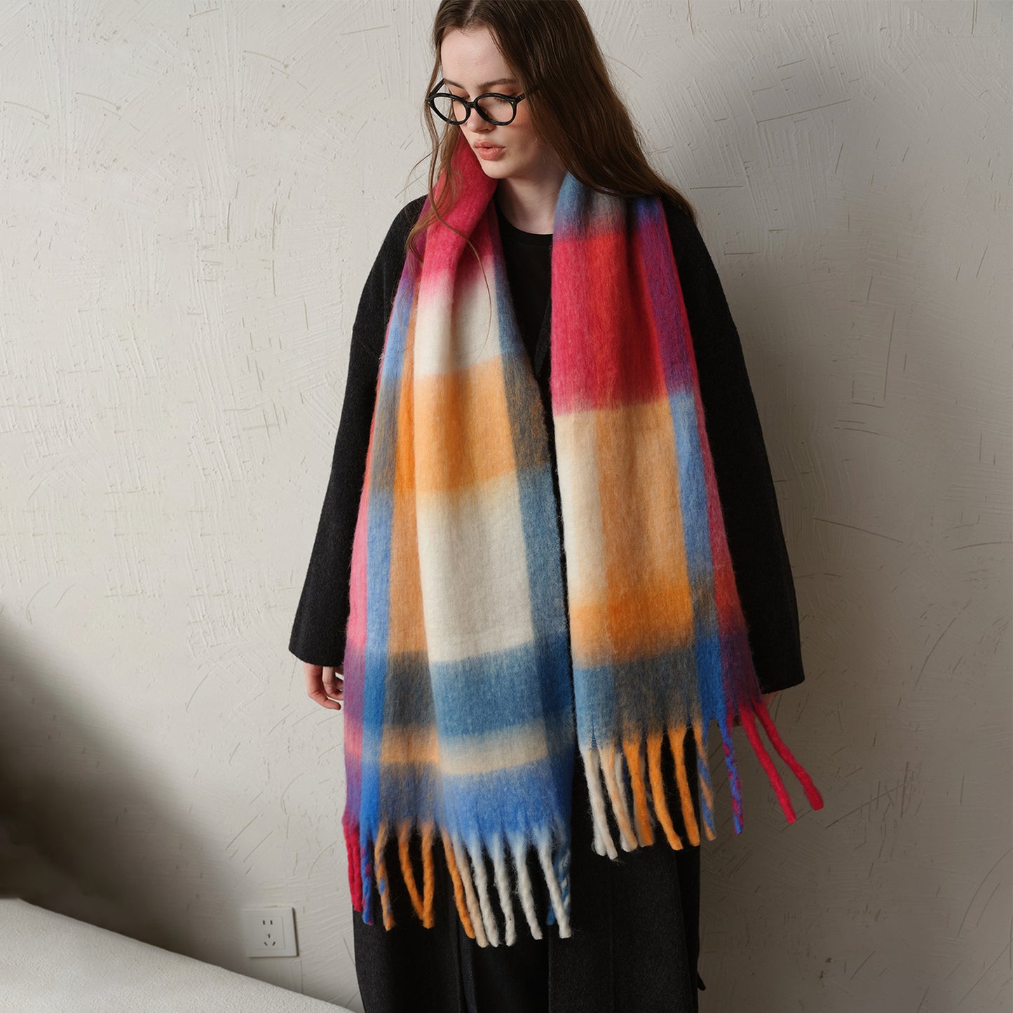 Thick Warm Plaid Oversized Scarf with Fringe