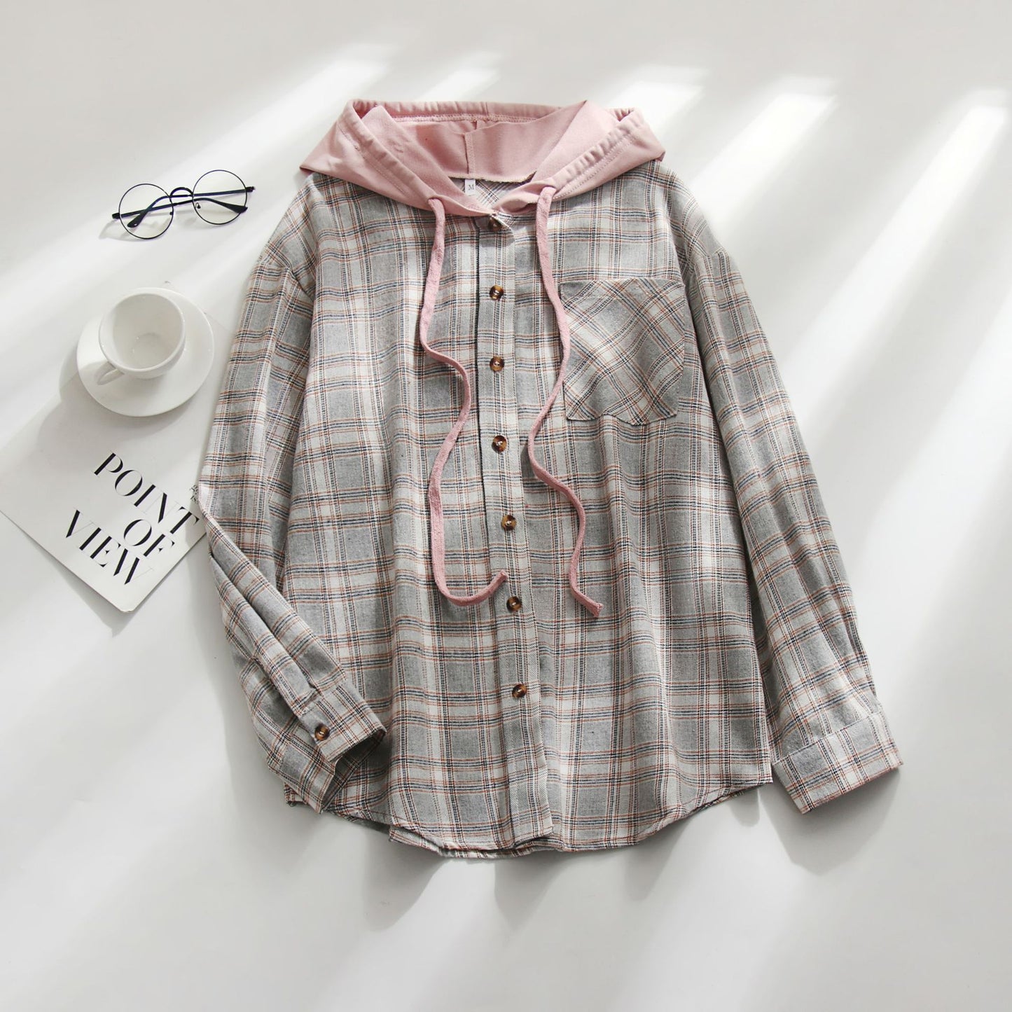 Hooded Plaid Sweatshirt Casual Outerwear