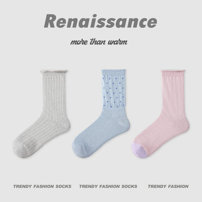 Mid Calf Striped Mesh Breathable Cotton Socks