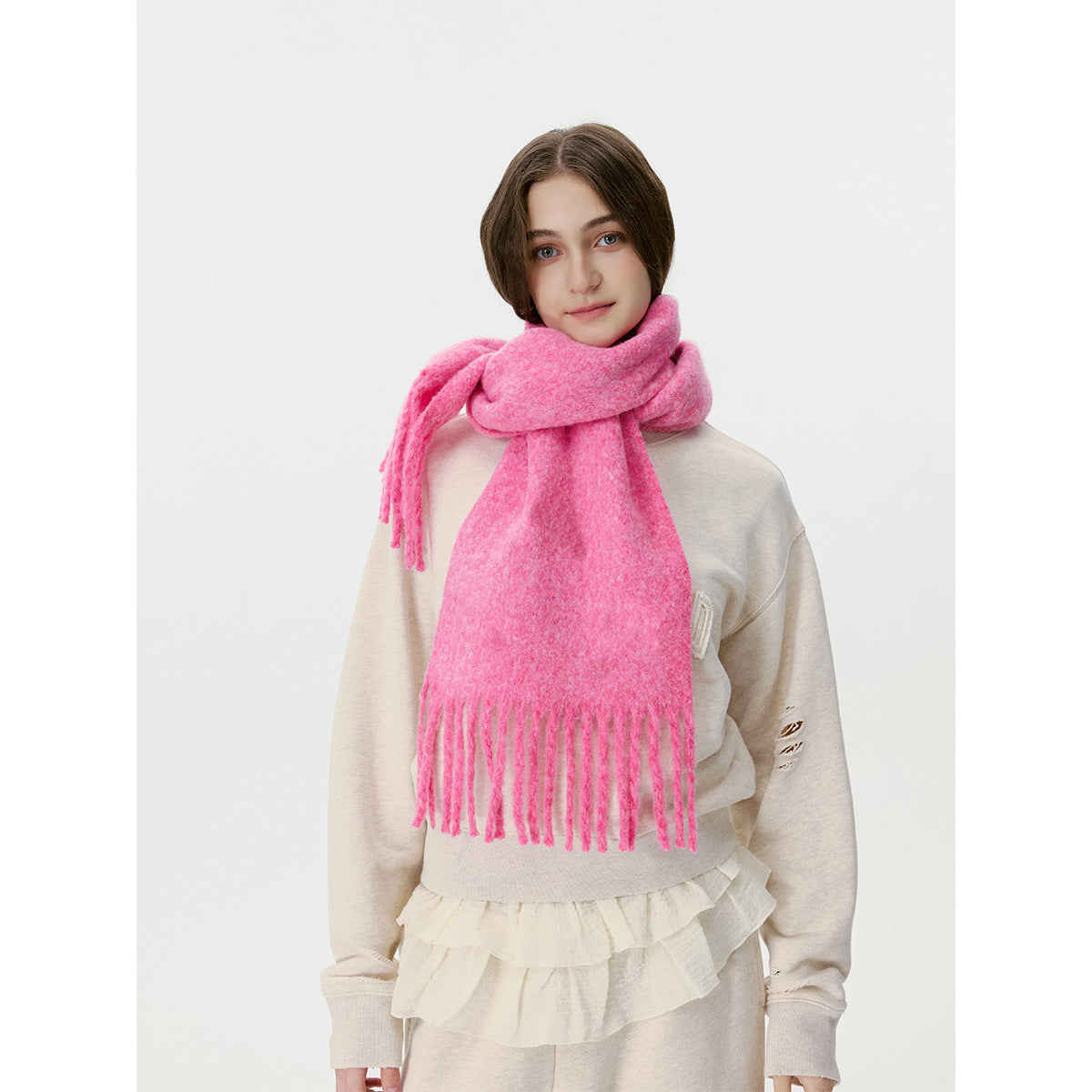Solid Color Fringed Scarf Stylish Warm Neck Wrap