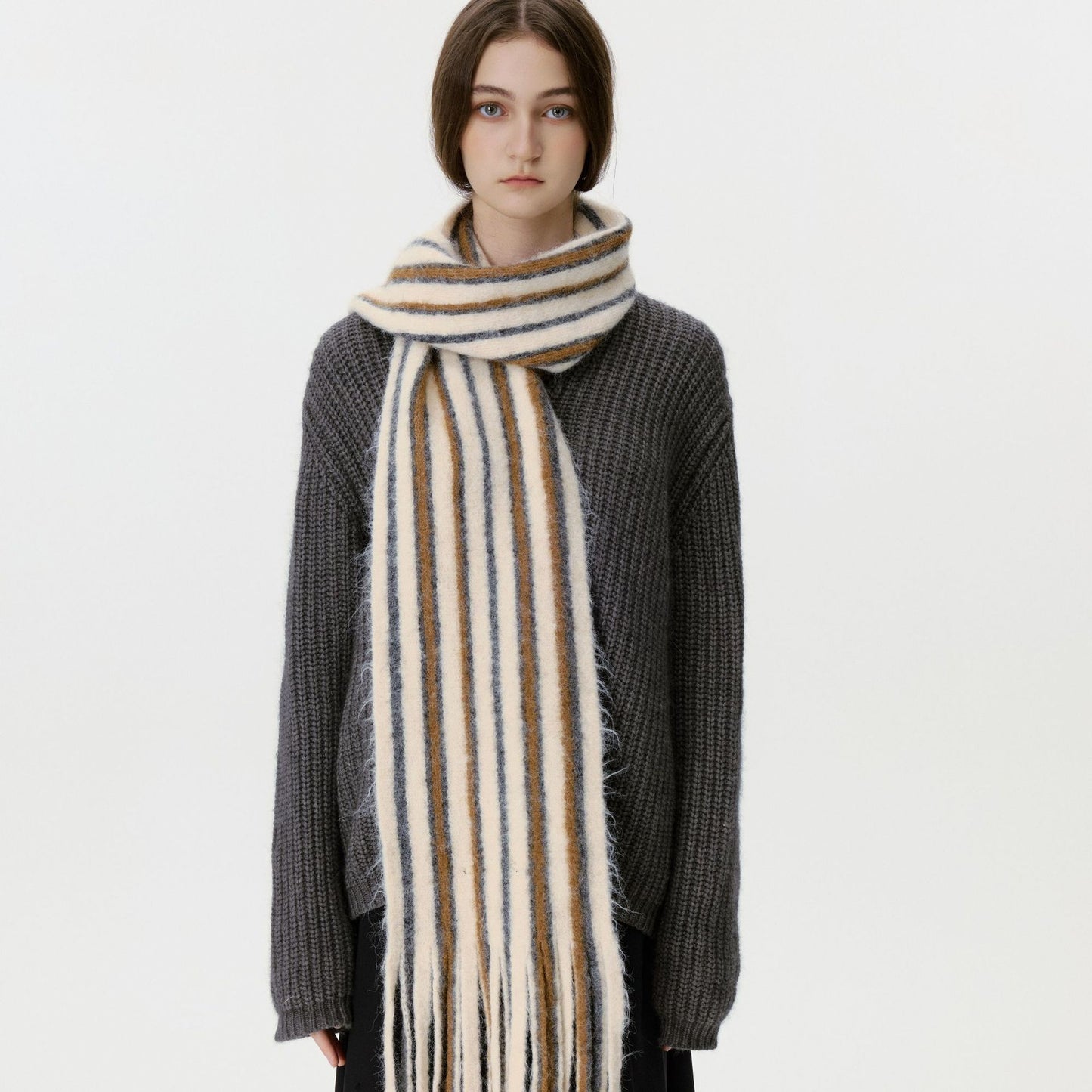 Trendy Color Block Striped Tassel Scarf Warm Shawl