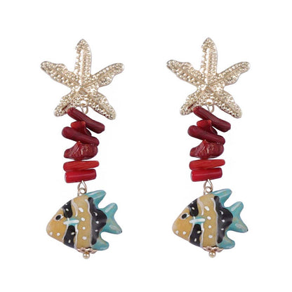 Alloy Long Dangle Earrings Starfish Shell Beach Style