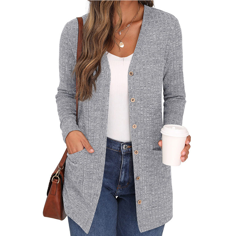 Casual Solid Color Long Sleeve Cardigan with Pockets