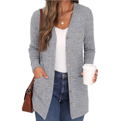 Casual Solid Color Long Sleeve Cardigan with Pockets