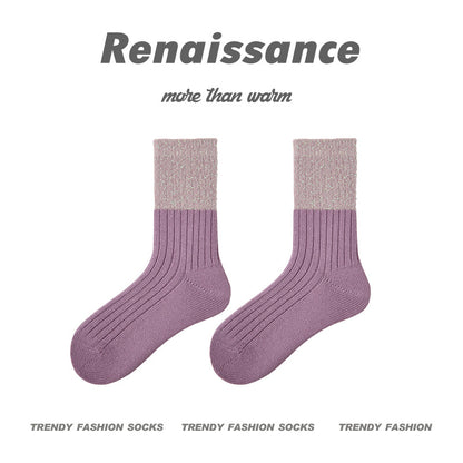 Cozy Mid Calf Colorblock Cotton Faux Mink Socks