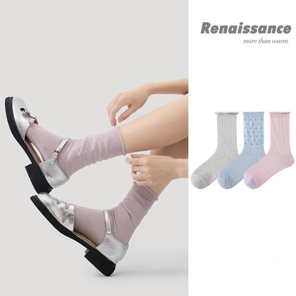 Mid Calf Striped Mesh Breathable Cotton Socks
