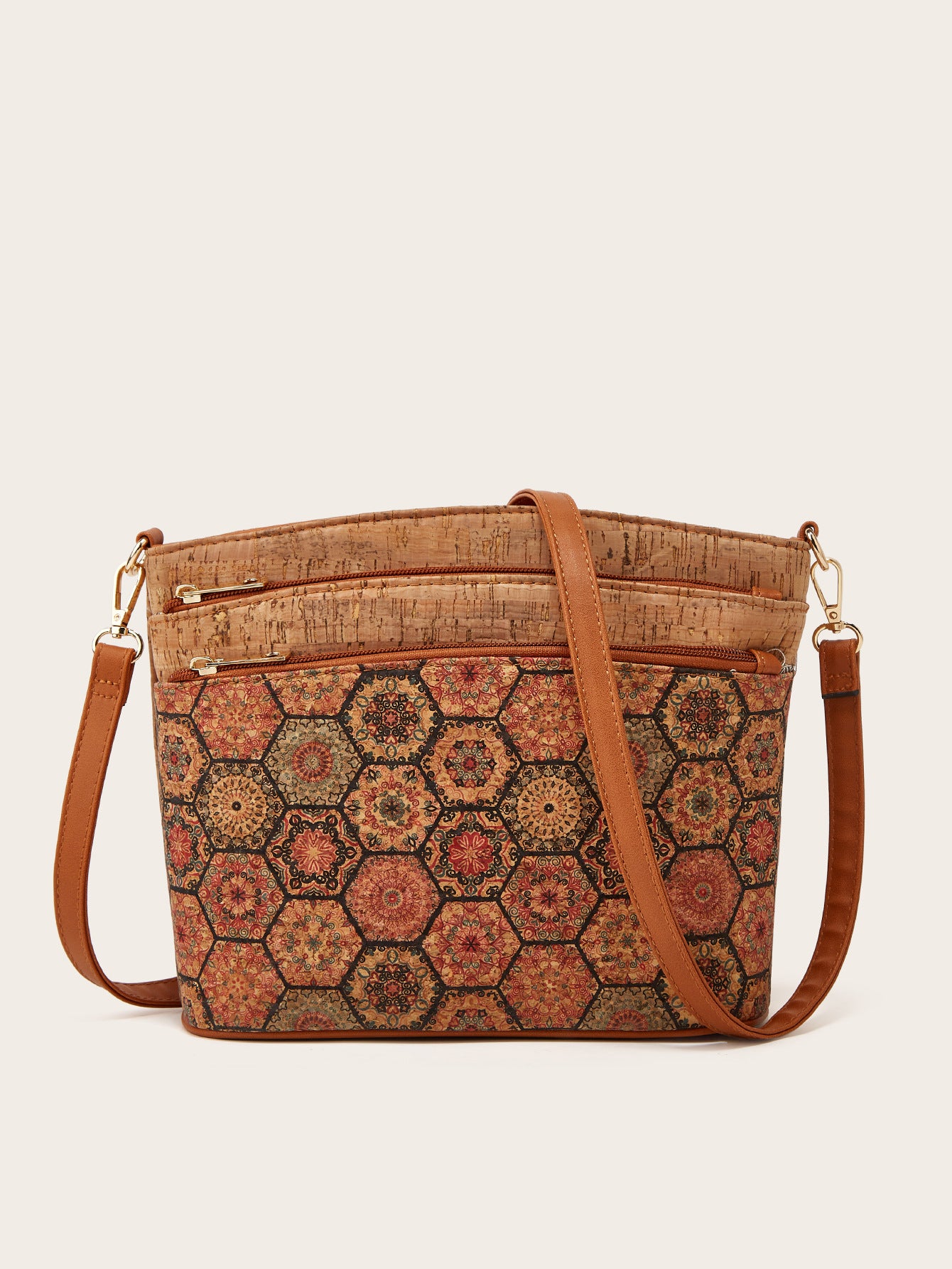 Vintage Cork Shoulder Bag Floral Design Olive Green