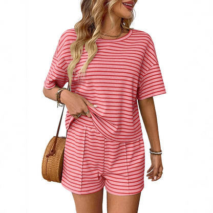 Trendy Casual Knitted Striped Shorts Sports Set for Women