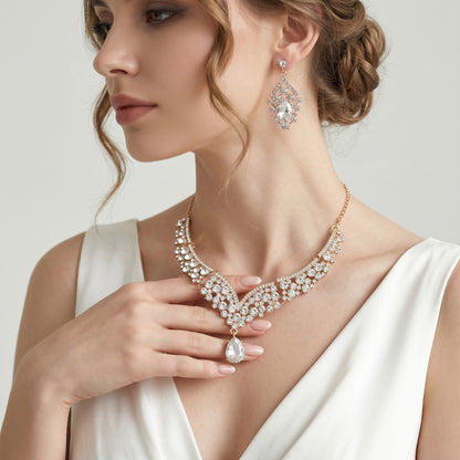 Retro Alloy Rhinestone Jewelry Set Elegant Necklace and Earrings for Evening Wear