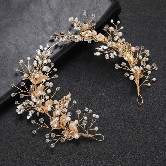 Gold Alloy Leaf Shape Pearl Hairpin Wedding Headpiece