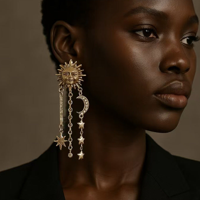 Tassel Drop Earrings Sun Moon Star Statement Celestial