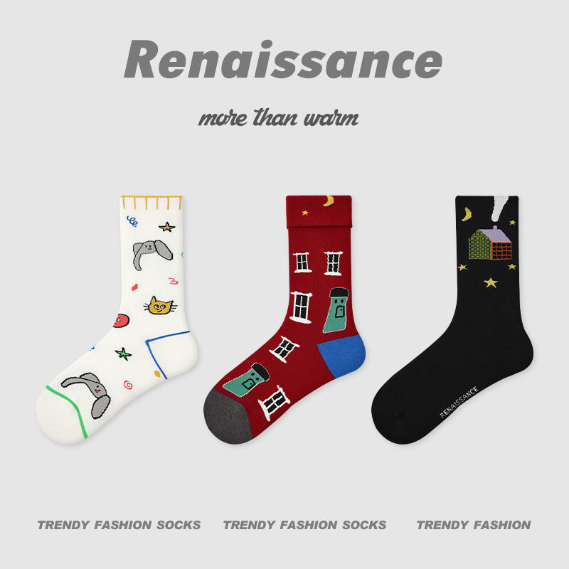 Butterfly Floral Combed Cotton Mid Calf Socks