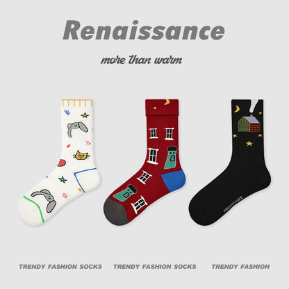 Butterfly Floral Combed Cotton Mid Calf Socks