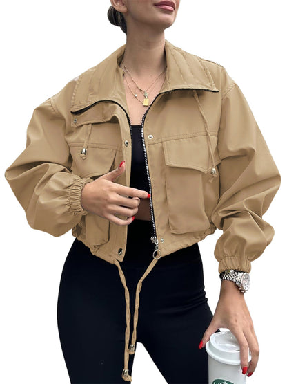 Women’s Solid Color Short Jacket with Zipper
