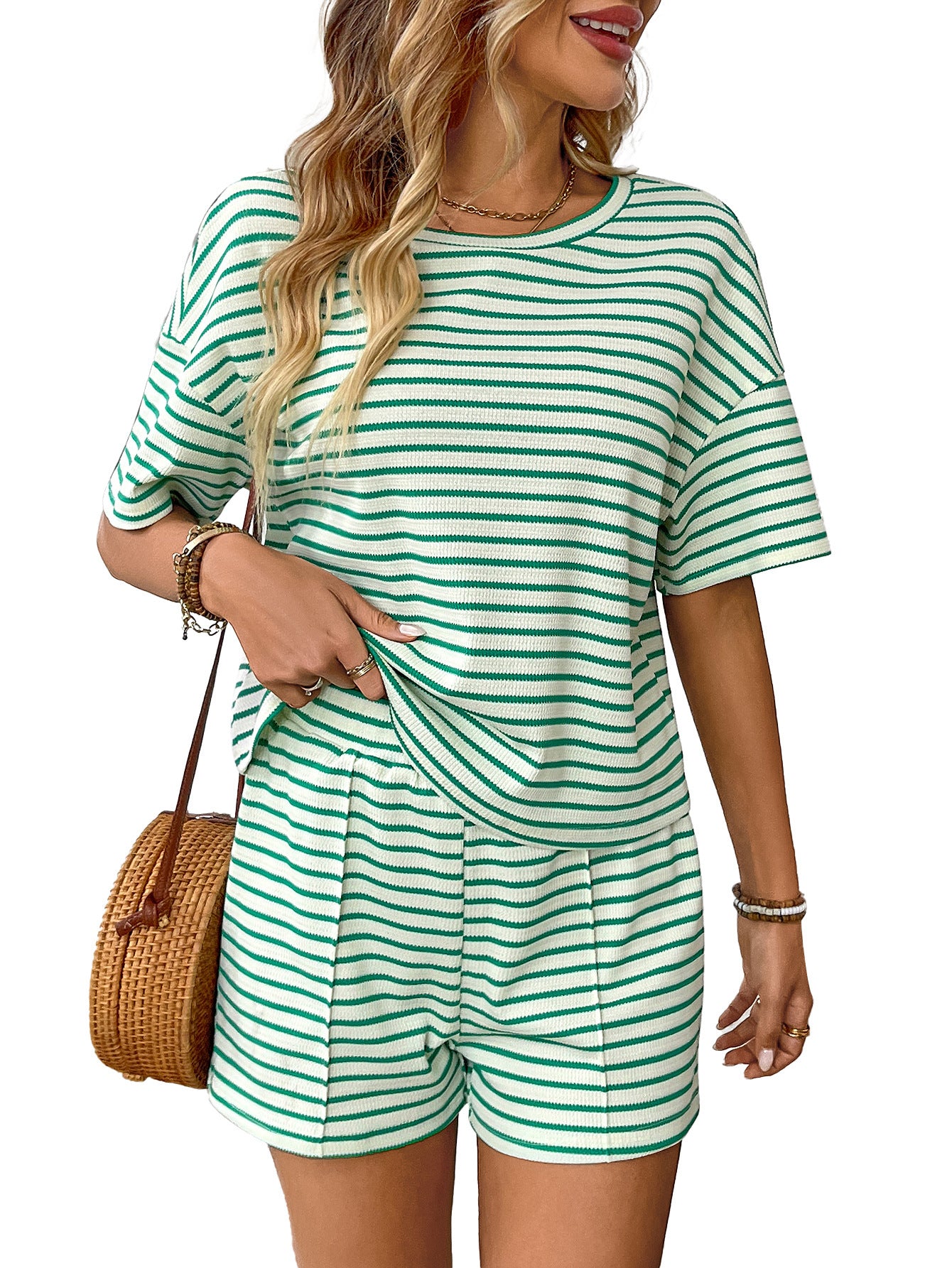 Trendy Casual Knitted Striped Shorts Sports Set for Women