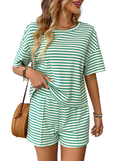 Trendy Casual Knitted Striped Shorts Sports Set for Women