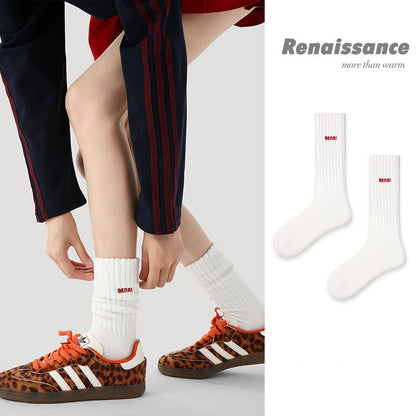 Mid Calf Embroidered Cotton Blend Slouch Socks Vintage