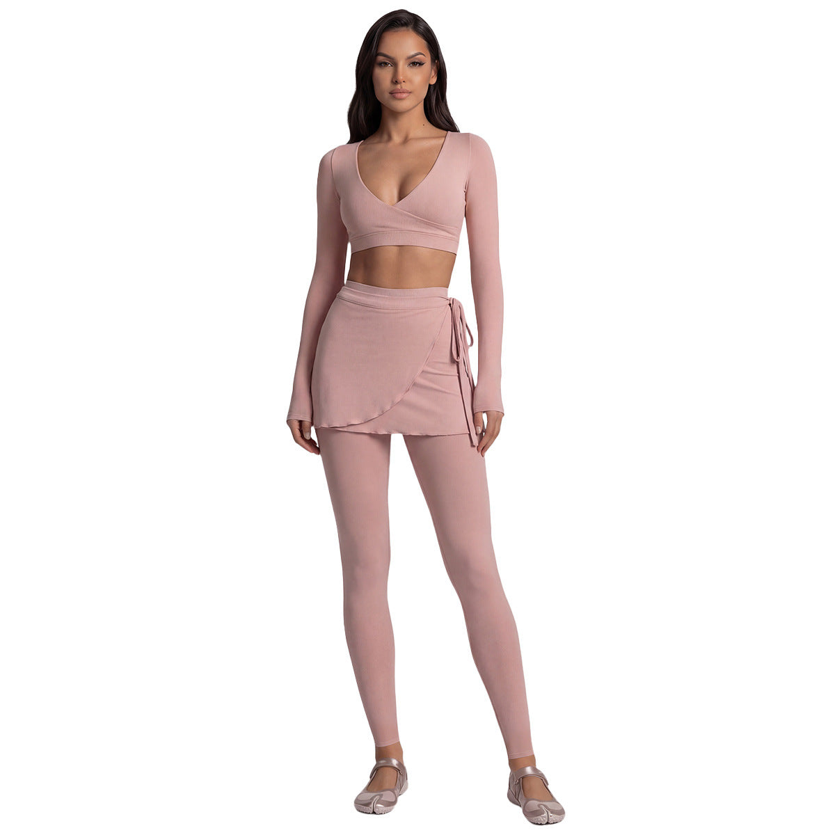 Long Sleeve Cross-Back Workout Skirt Set Women Ballet Style Yoga Outfit