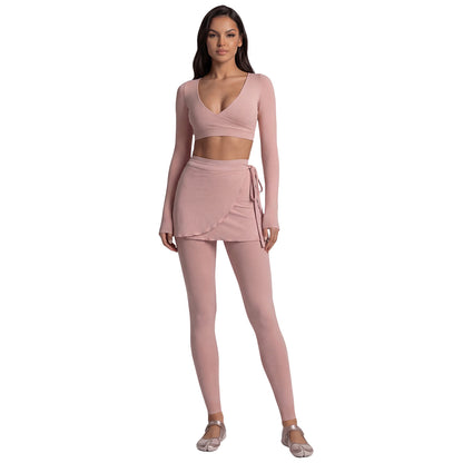 Long Sleeve Cross-Back Workout Skirt Set Women Ballet Style Yoga Outfit