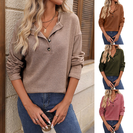 Casual Long Sleeve Button T-Shirt with Ribbed Texture