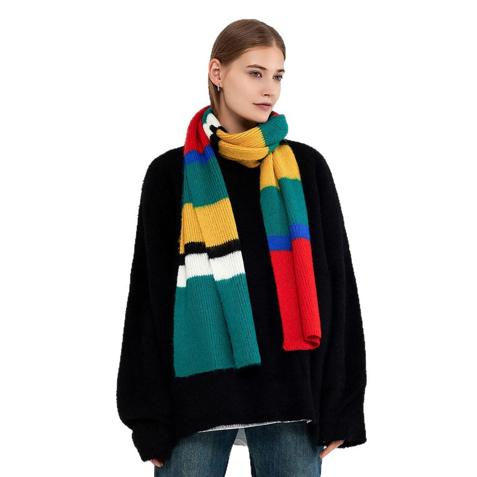 Rainbow Striped Acrylic Knit Scarf for Women