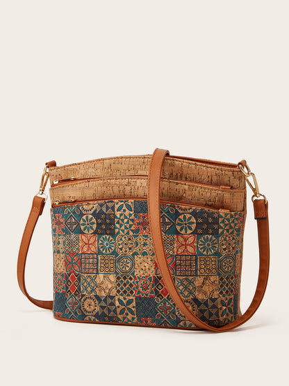 Vintage Cork Shoulder Bag Floral Design Olive Green