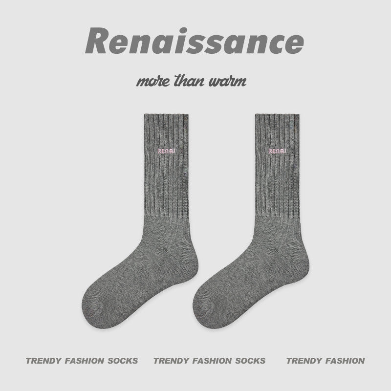 Mid Calf Embroidered Letter Cotton Socks Absorbent