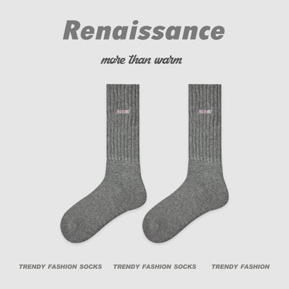 Mid Calf Embroidered Letter Cotton Socks Renaissance