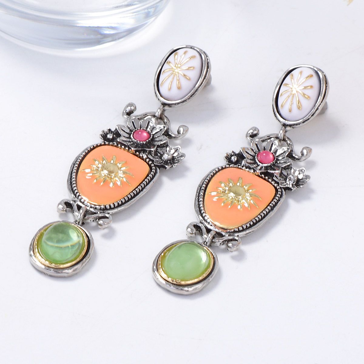 Earrings Antique Finish Enamel Floral Drop For Evening