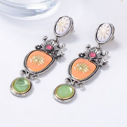 Earrings Antique Finish Enamel Floral Drop For Evening