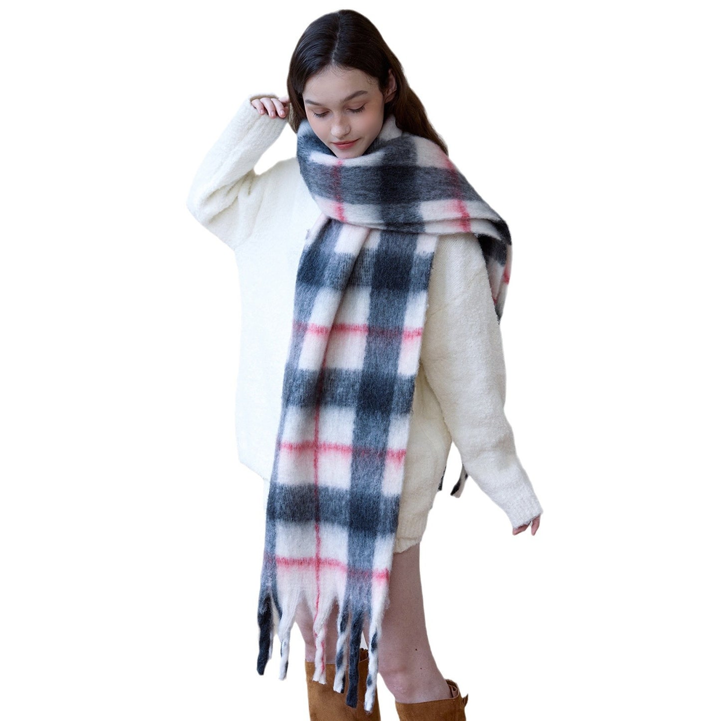 Thick Cozy Plaid Scarf with Fringes for Women