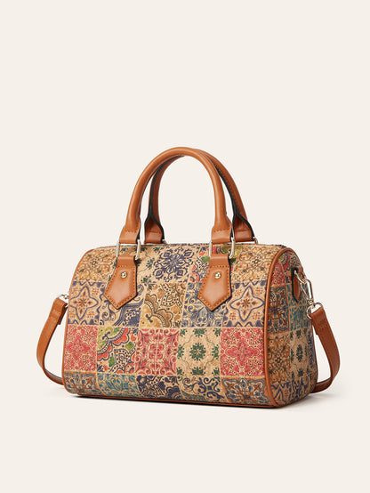 Retro Cork Texture Tote Bag with Ethnic Print