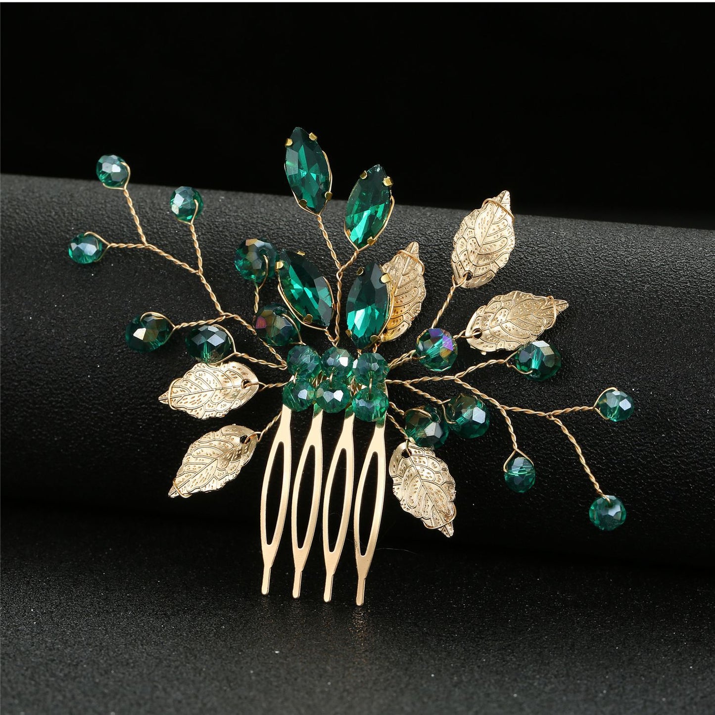 Green Crystal Gold Leaf Wedding Hair Comb